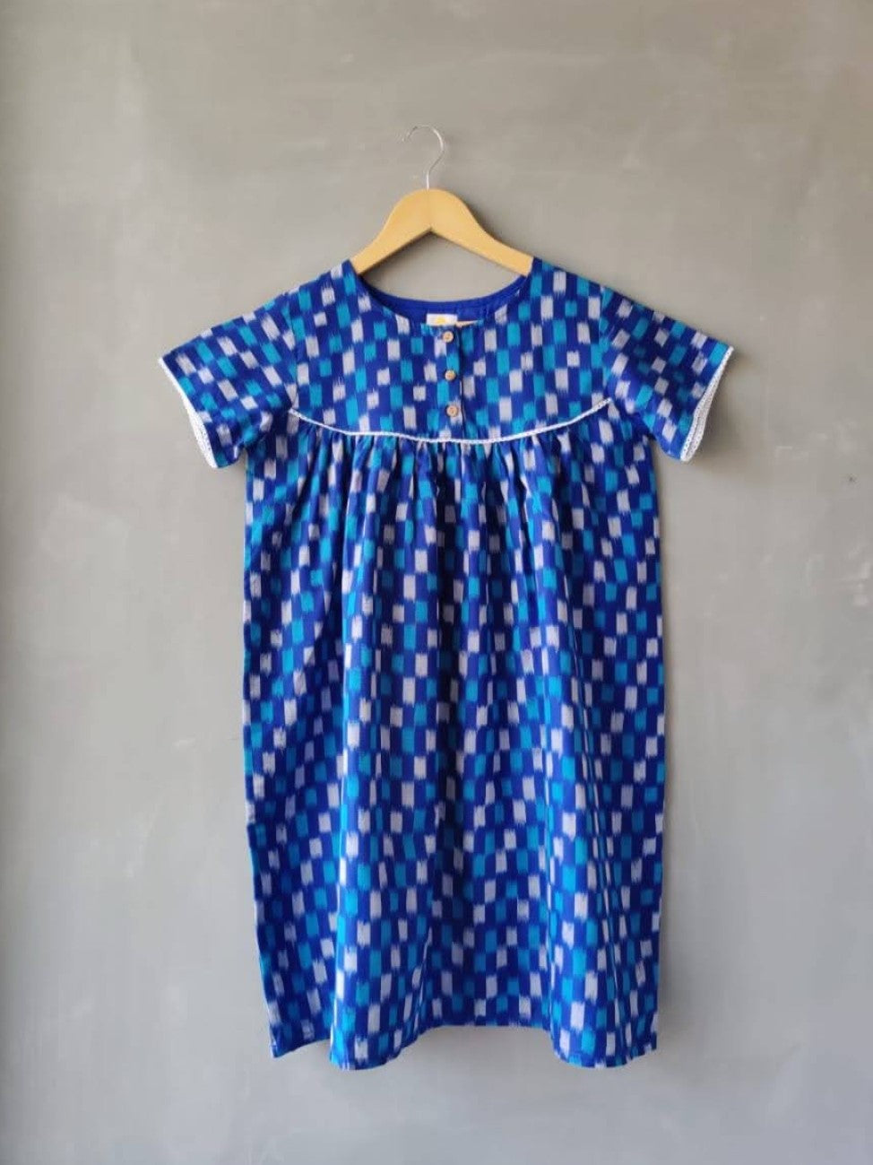 Geometric Patterned Ikkat A-line Dress - Blue