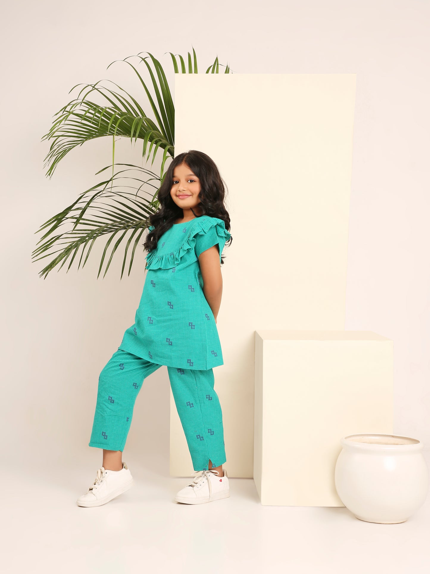 Grid Glamour Co-ord Pant Set – Green